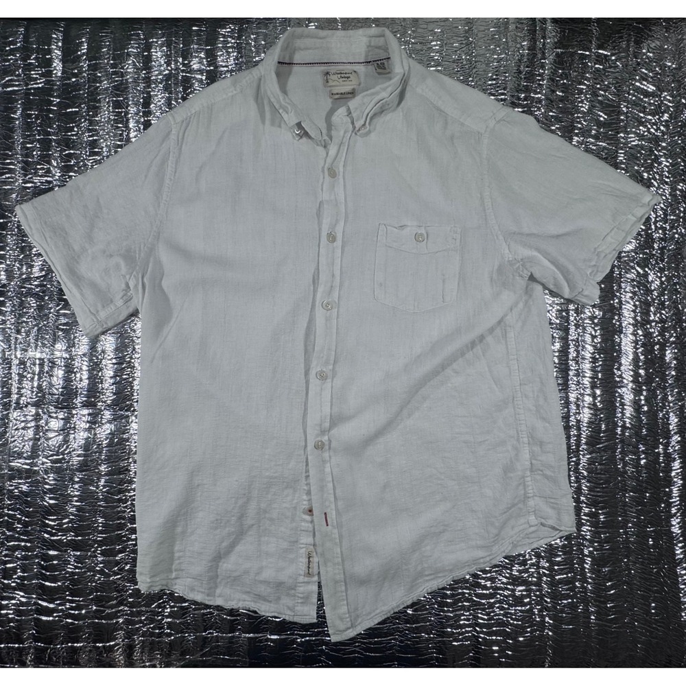 Weatherproof Vintage Mens XL White Washable Linen Short Sleeve Button Down Shirt
